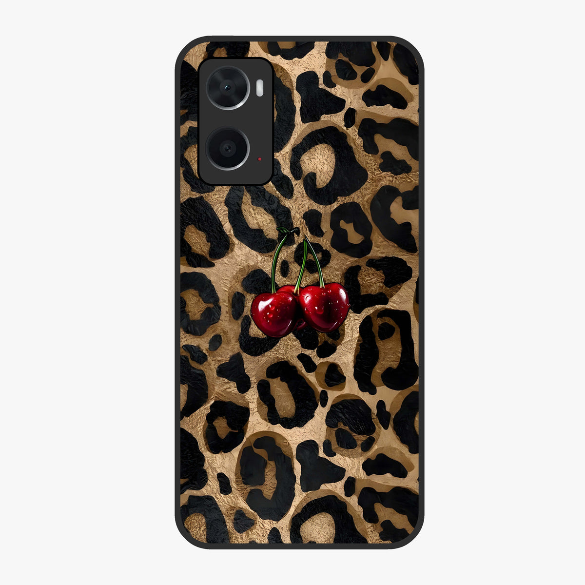Leopard Wild Cherry Glass Case showing flat back view with leopard pattern and cherry artwork and glossy glass finish.