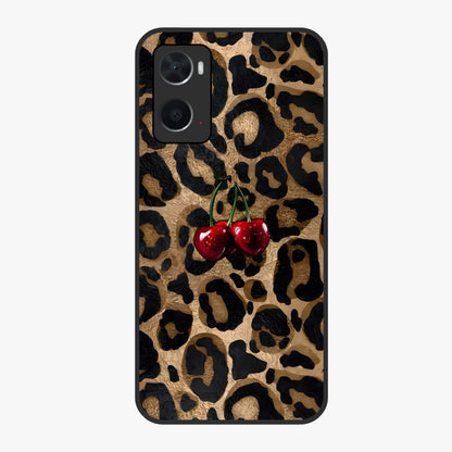 Leopard Wild Cherry Glass Case showing flat back view with leopard pattern and cherry artwork and glossy glass finish.