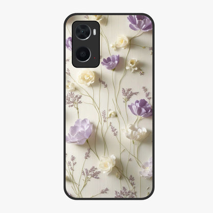 Lilac Breeze Harmony Glass Case showing flat back view with soft lilac themed artwork and glossy glass finish.