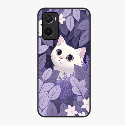 Lilac Hide Peek Cat Glass Case showing flat back view with cute peeking cat artwork and glossy glass finish.
