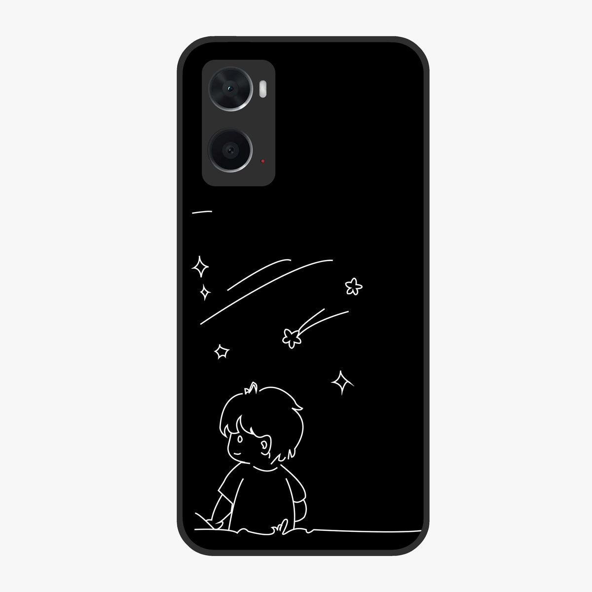 Line Art Boy With Shooting Stars Glass Case showing flat back view with minimal line art boy and shooting stars illustration and glossy glass finish.
