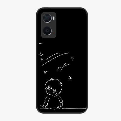 Line Art Boy With Shooting Stars Glass Case showing flat back view with minimal line art boy and shooting stars illustration and glossy glass finish.