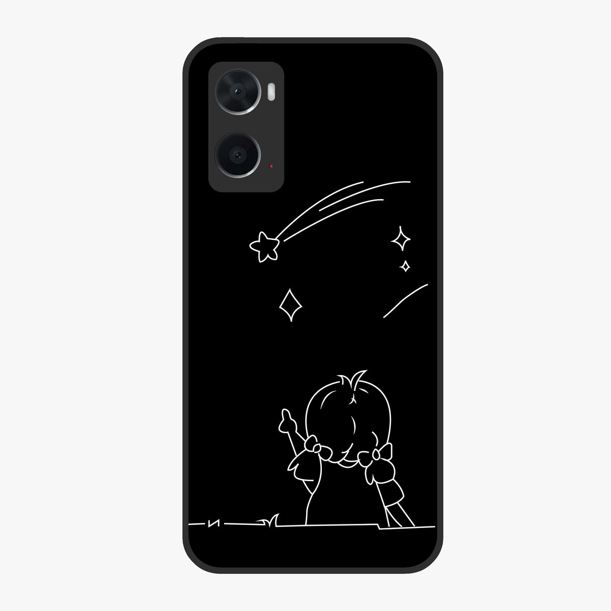 Line Art Girl With Shooting Stars Glass Case showing flat back view with minimal line art girl and shooting stars illustration and glossy glass finish.