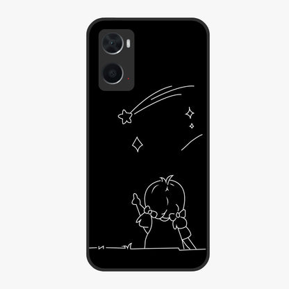 Line Art Girl With Shooting Stars Glass Case showing flat back view with minimal line art girl and shooting stars illustration and glossy glass finish.