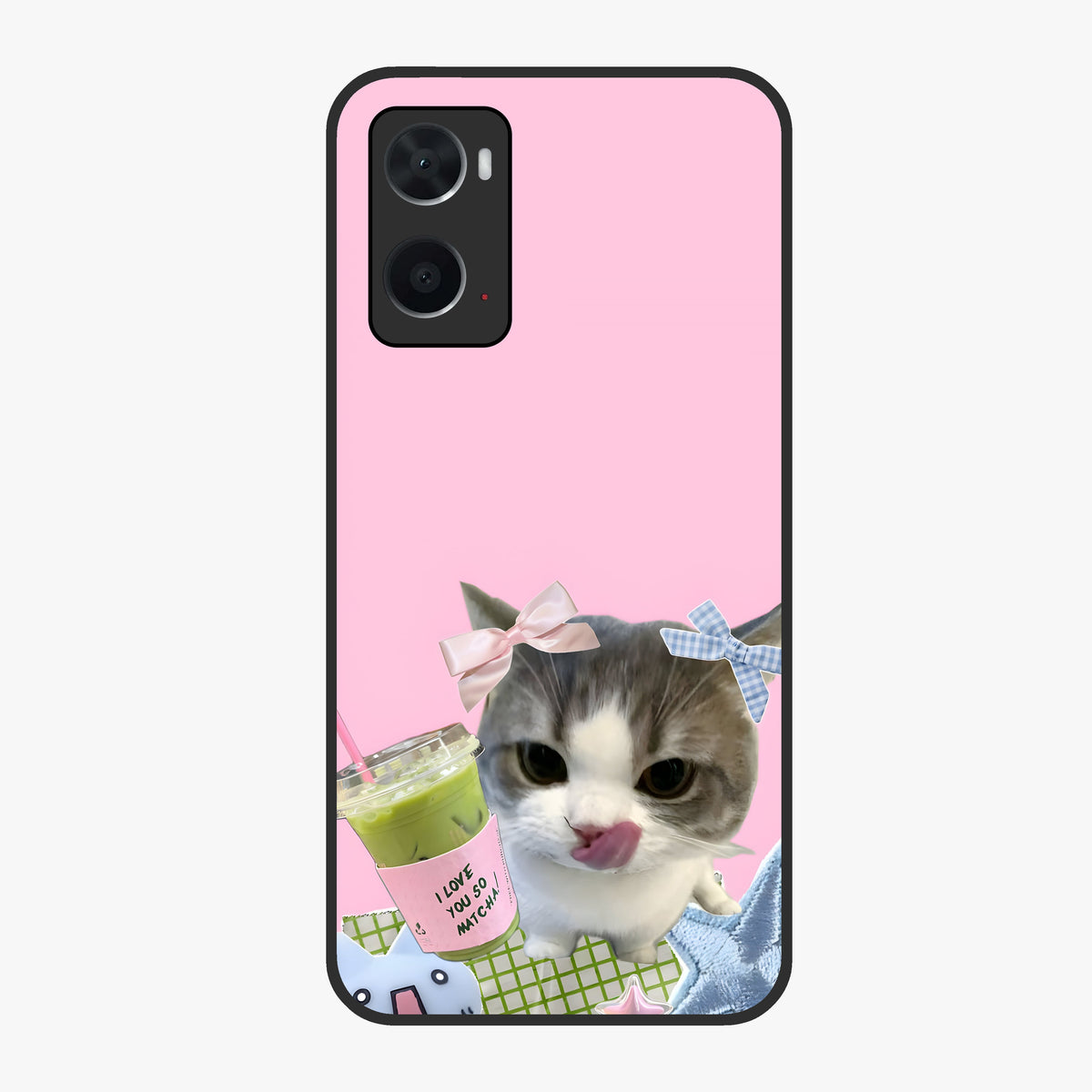 Love Matcha Cat Glass Case showing flat back view with cute cat and matcha themed artwork and glossy glass finish.
