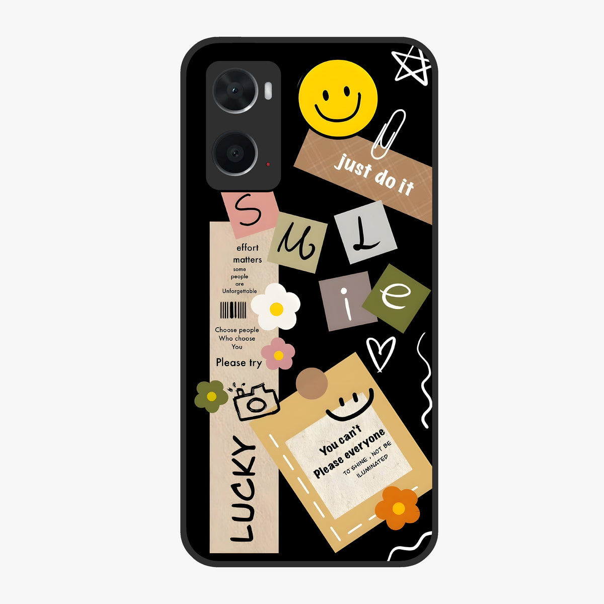Lucky Aesthetic Collage Glass Case showing flat back view with trendy aesthetic collage artwork and glossy glass finish.