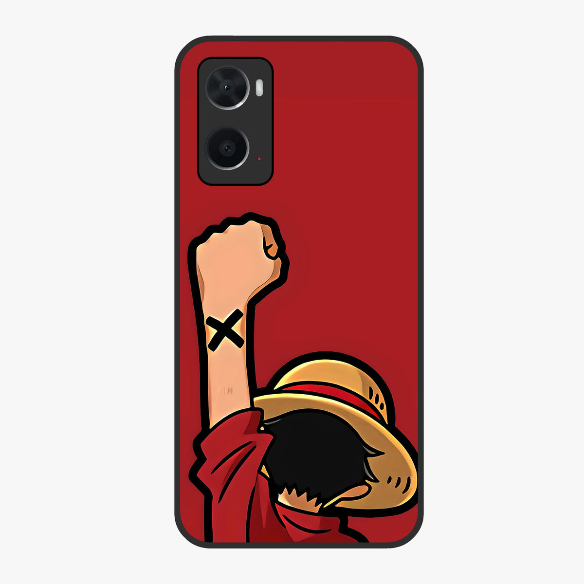 Luffy X Spirit Glass Case showing flat back view with bold anime character artwork and glossy glass finish.