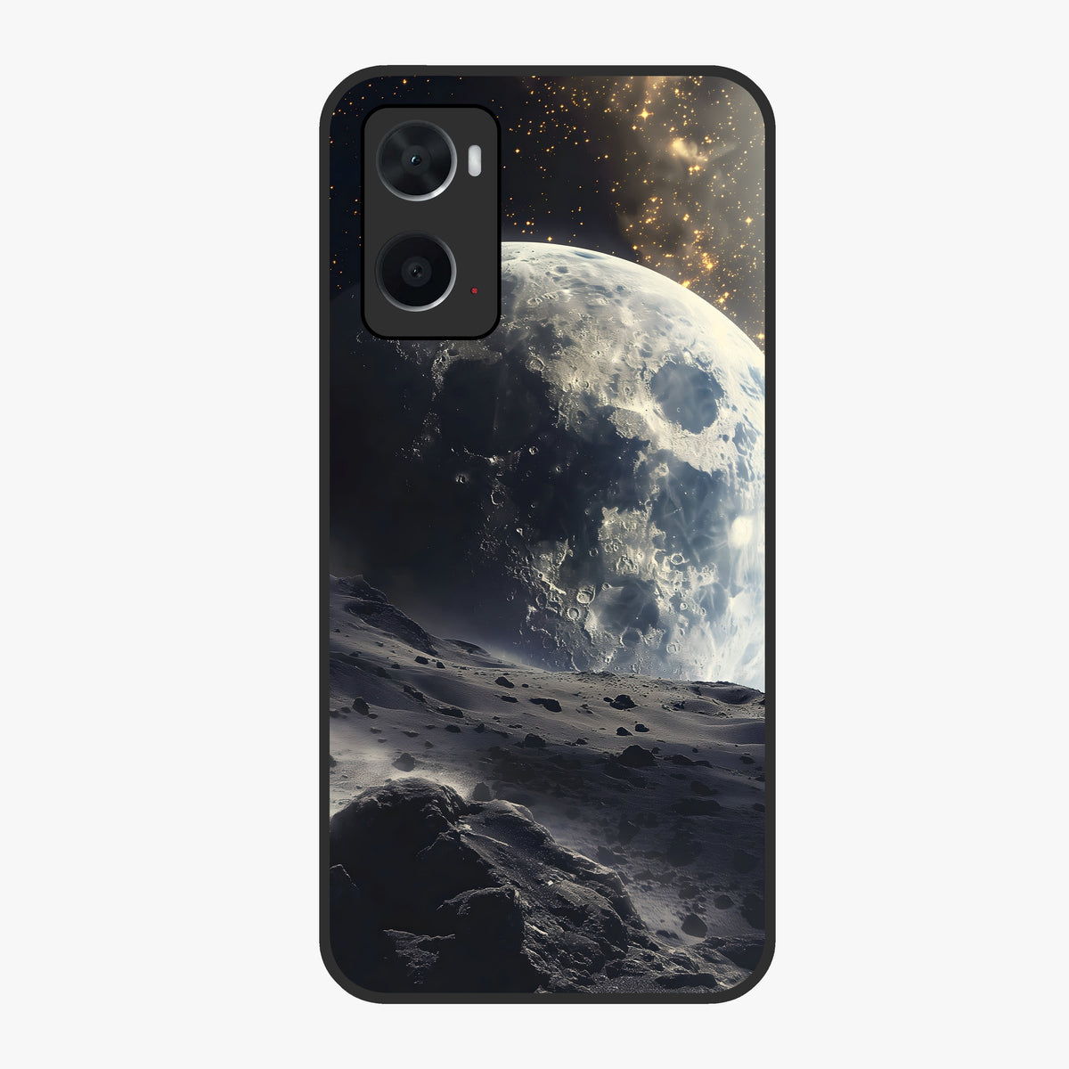 Lunar Horizon Glow Glass Case showing flat back view with glowing moon horizon artwork and glossy glass finish.