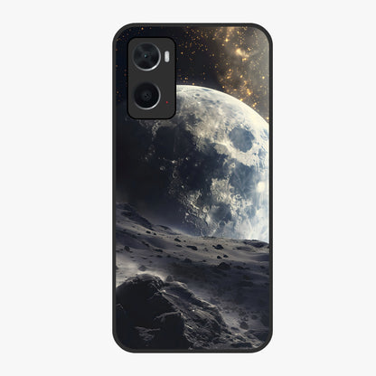 Lunar Horizon Glow Glass Case showing flat back view with glowing moon horizon artwork and glossy glass finish.