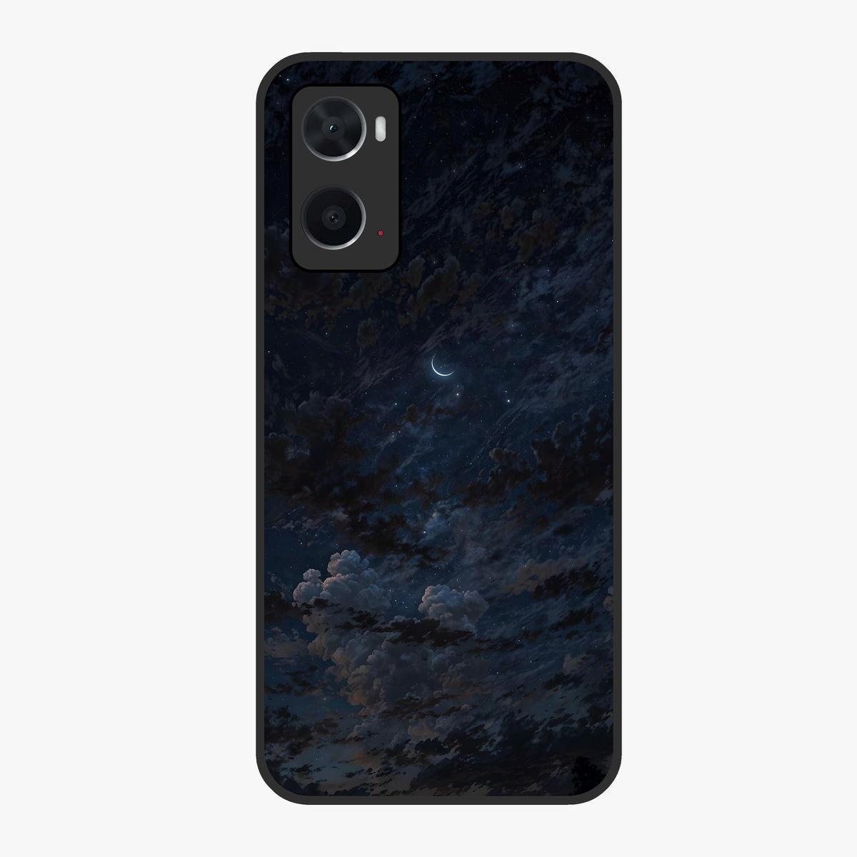 Lunar Veil Silence Glass Case showing flat back view with mystical moon veil artwork and glossy glass finish.