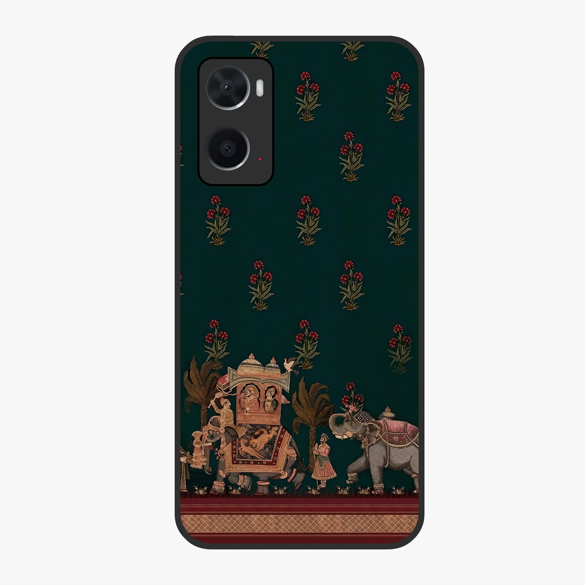 Macmerise Glass Case showing flat back view with stylish modern artwork and glossy glass finish.