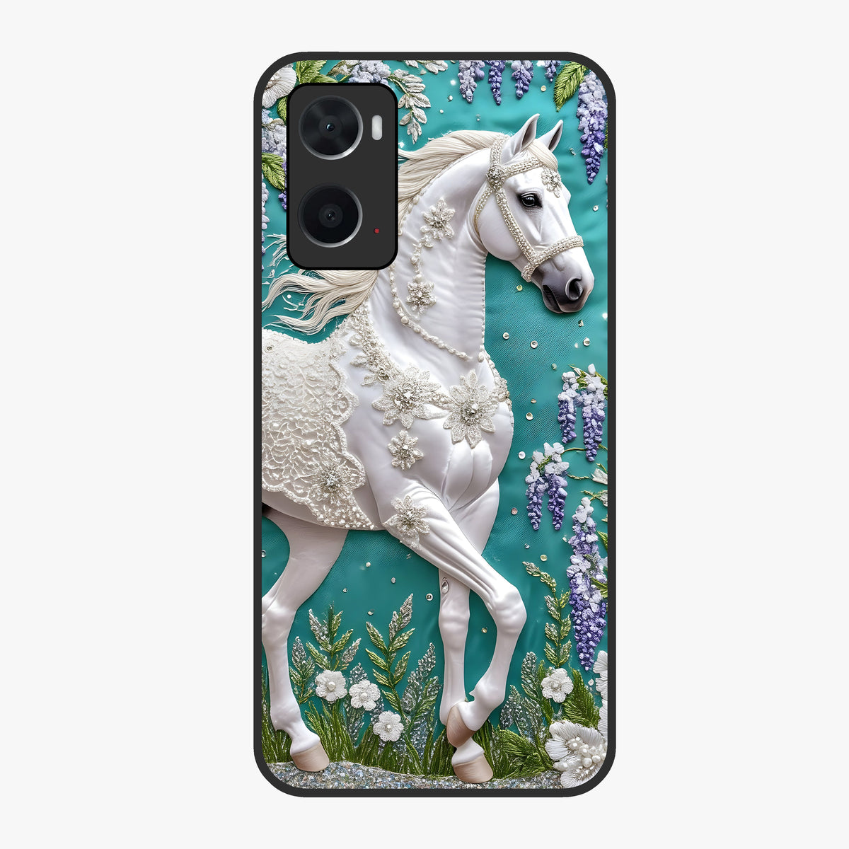 Majestic Floral Stallion Glass Case showing flat back view with powerful horse and floral artwork and glossy glass finish.