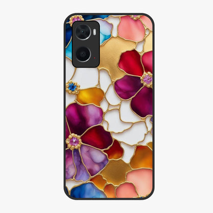 Marble Flower Pattern Glass Case showing flat back view with marble texture floral artwork and glossy glass finish.