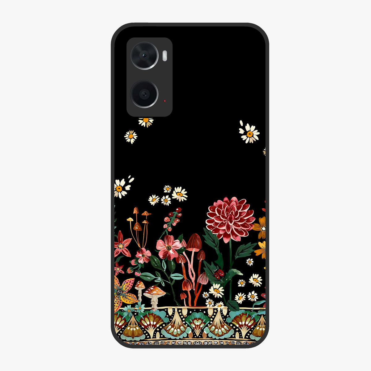 Midnight Bloom Pattern Glass Case showing flat back view with dark floral pattern artwork and glossy glass finish.