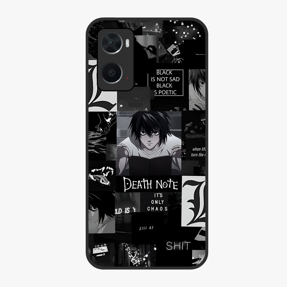 Midnight Chaos Mind Glass Case showing flat back view with abstract dark themed artwork and glossy glass finish.