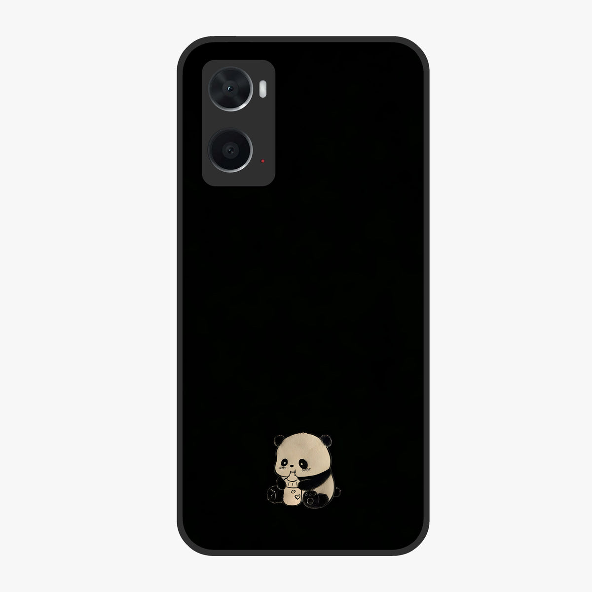 Midnight Panda Love Glass Case showing flat back view with cute panda themed artwork and glossy glass finish.