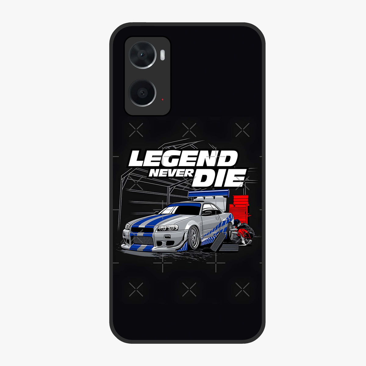 Midnight Racing Legacy Glass Case showing flat back view with sleek racing inspired artwork and glossy glass finish.