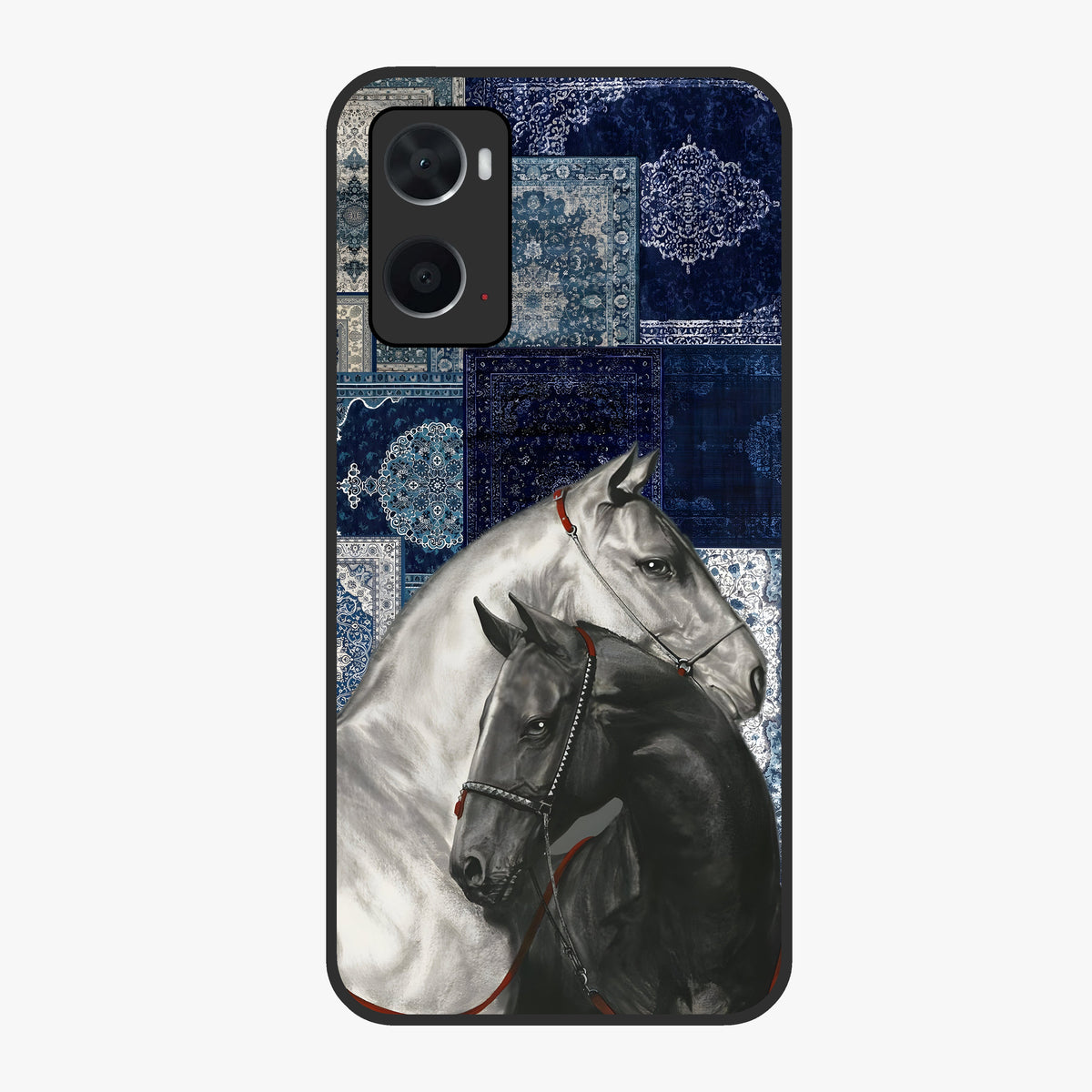 Midnight Stallion Blues Glass Case showing flat back view with majestic horse artwork and glossy glass finish.