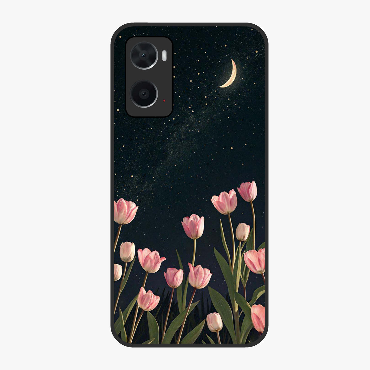 Midnight Tulip Whispers Vibe Glass Case showing flat back view with elegant tulip flower artwork and glossy glass finish.