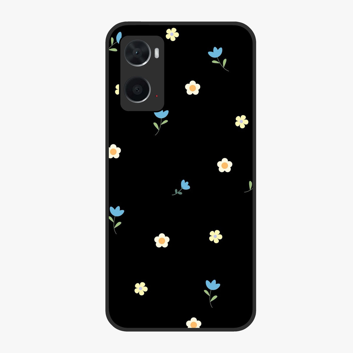 Minimalistic Blue With White Flower Pattern Glass Case showing flat back view with blue background and white flower pattern and glossy glass finish.