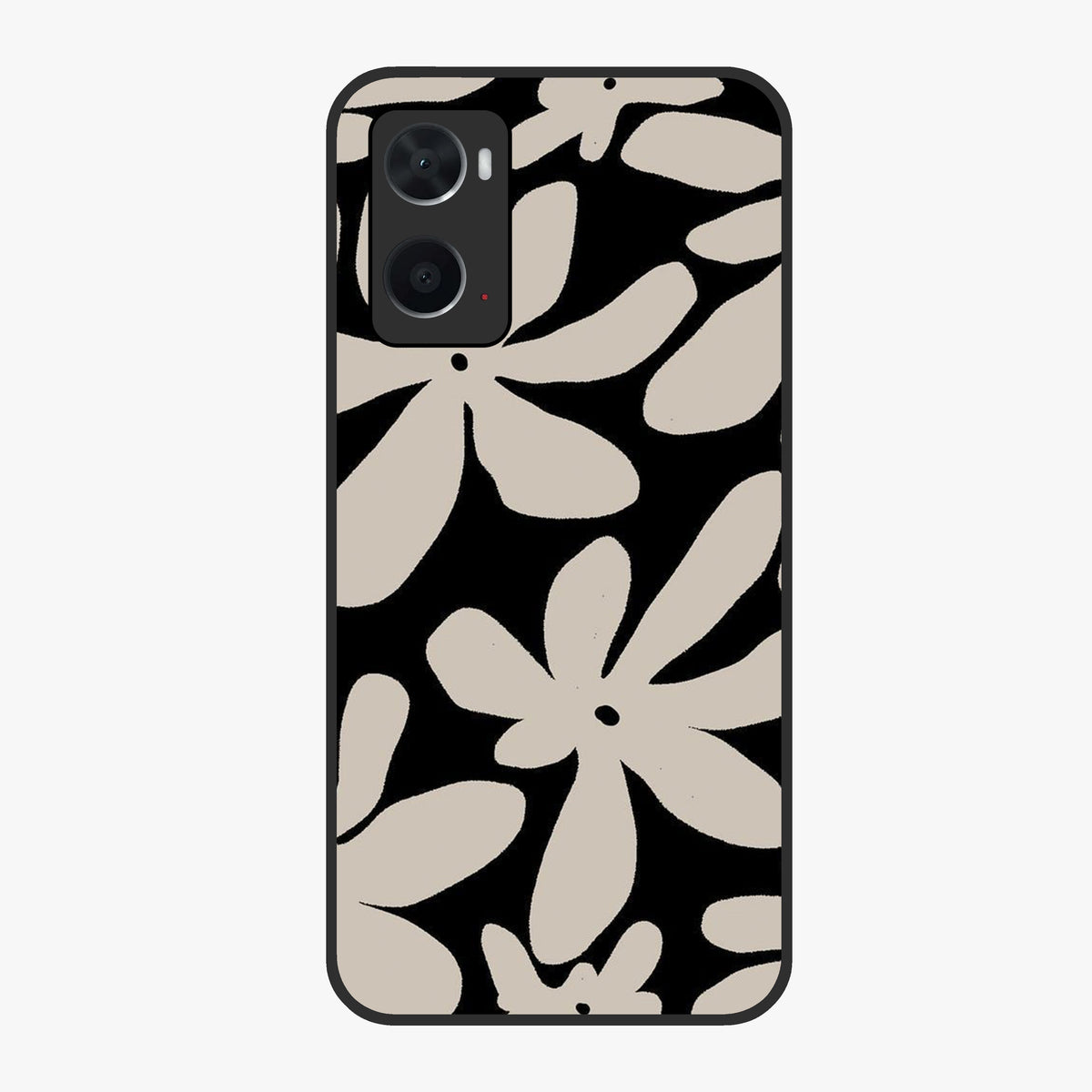Monochrome Petal Dance Glass Case showing flat back view with monochrome floral artwork and glossy glass finish.