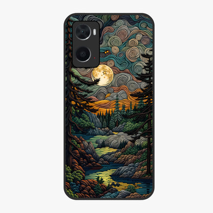 Moonlight Forest Dream Glass Case showing flat back view with mystical forest moonlight artwork and glossy glass finish.