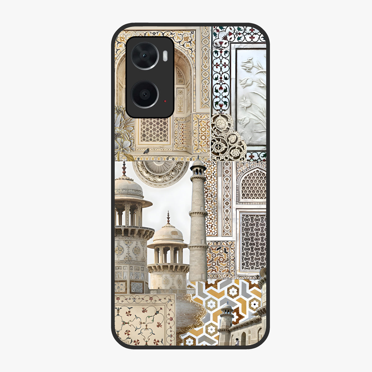 Mughal Marble Legacy Glass Case showing flat back view with intricate Mughal inspired marble pattern and glossy glass finish.