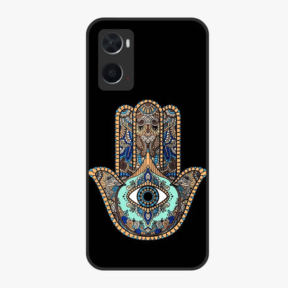Mystic Hamsa Eye Glass Case showing flat back view with protective hamsa hand and evil eye artwork and glossy glass finish.