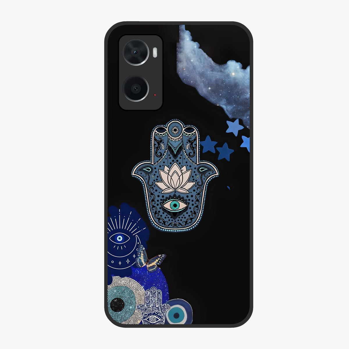 Mystic Hand Aura Glass Case showing flat back view with mystical hand symbol artwork and glossy glass finish.