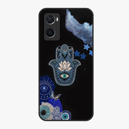Mystic Hand Aura Glass Case showing flat back view with mystical hand symbol artwork and glossy glass finish.