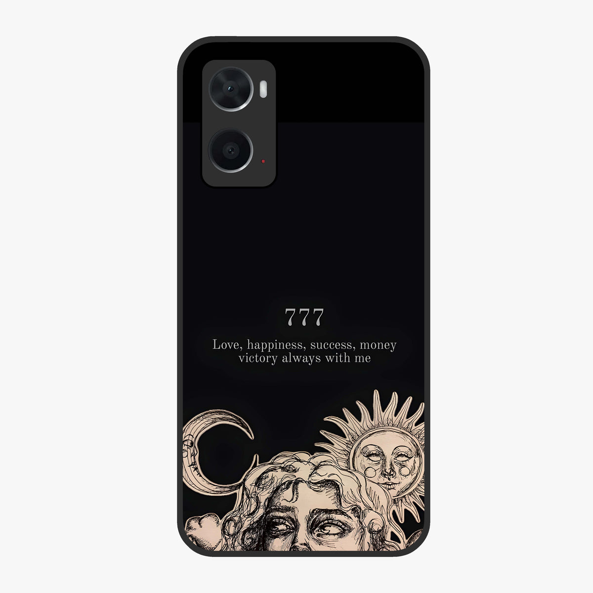 Mystic Victory Aura Glass Case showing flat back view with victory symbol artwork and glossy glass finish.
