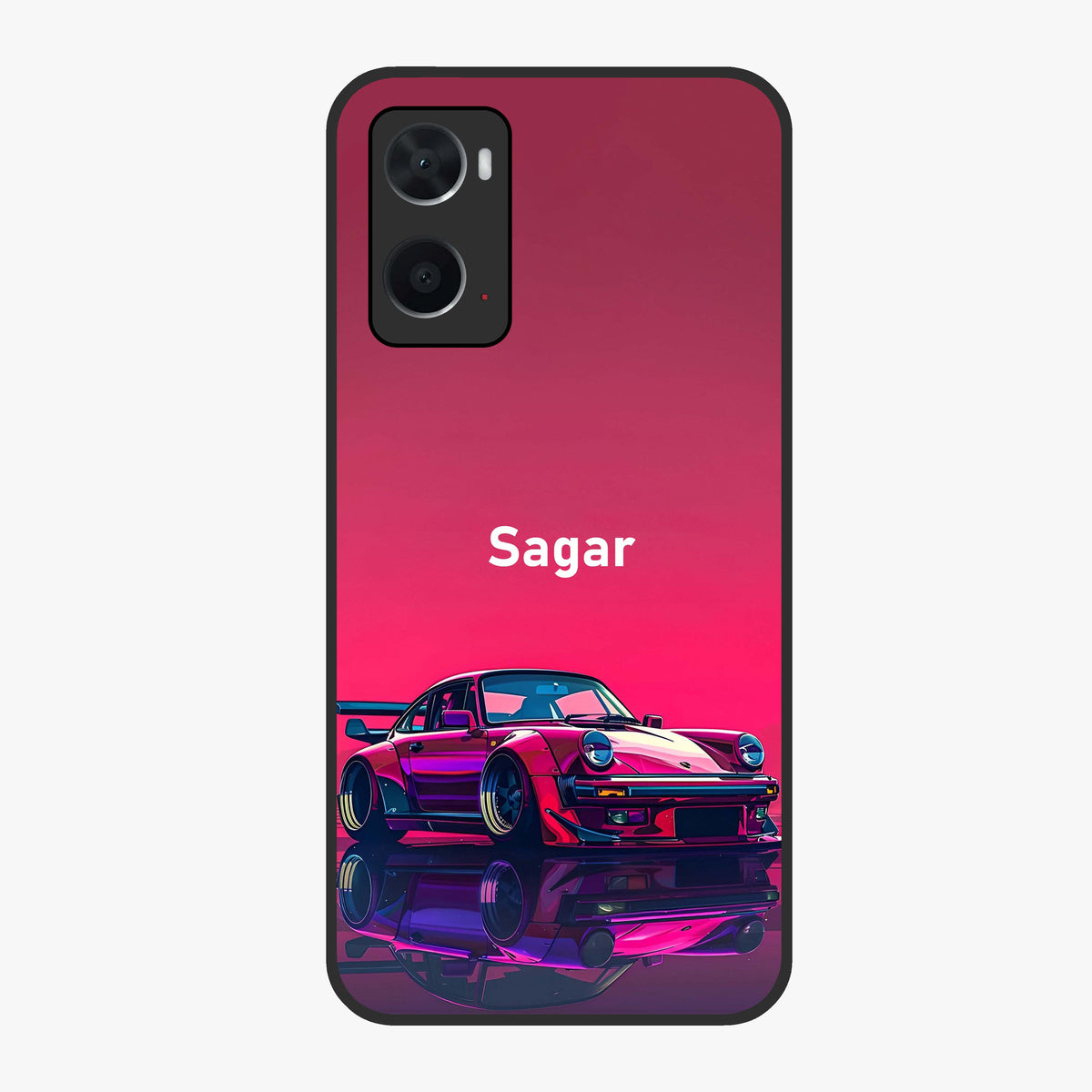 Neon Pink Porsche Glass Case showing flat back view with stylish sports car artwork and glossy glass finish.