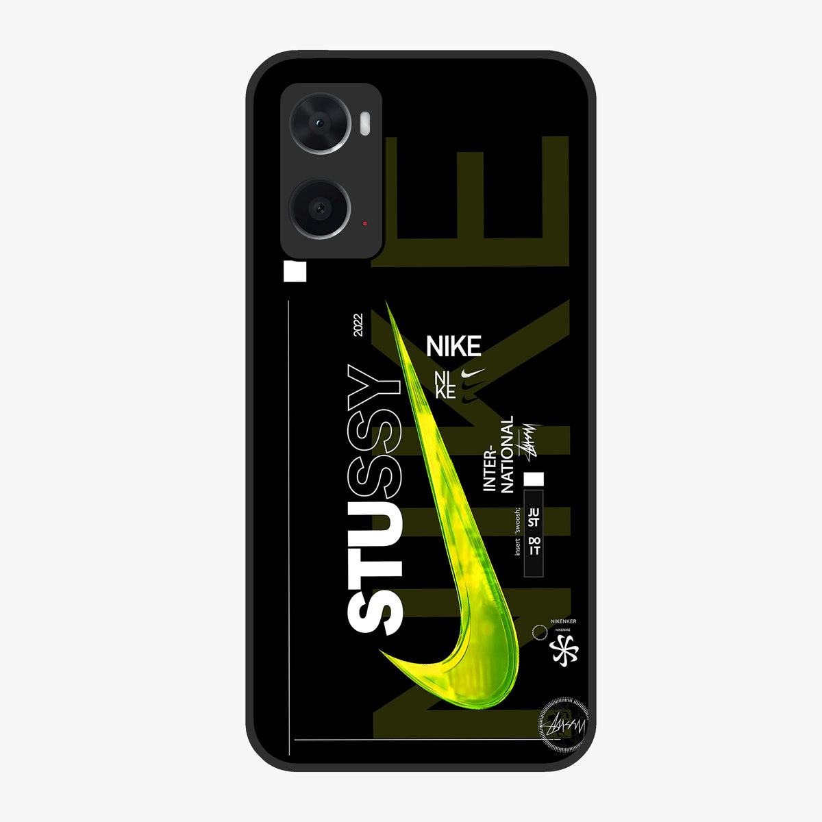 Neon Street Edition Glass Case showing flat back view with neon street style artwork and glossy glass finish.