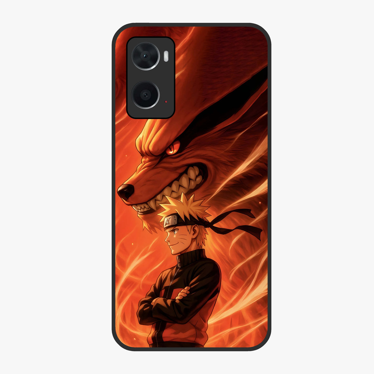 Nine Tails Legacy Glass Case showing flat back view with powerful nine-tailed fox inspired artwork and glossy glass finish.