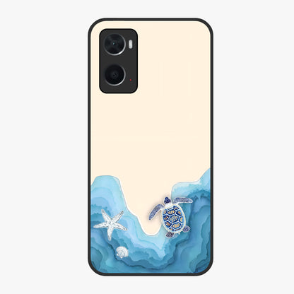 Ocean Drift Turtle Glass Case showing flat back view with sea turtle artwork and glossy glass finish.