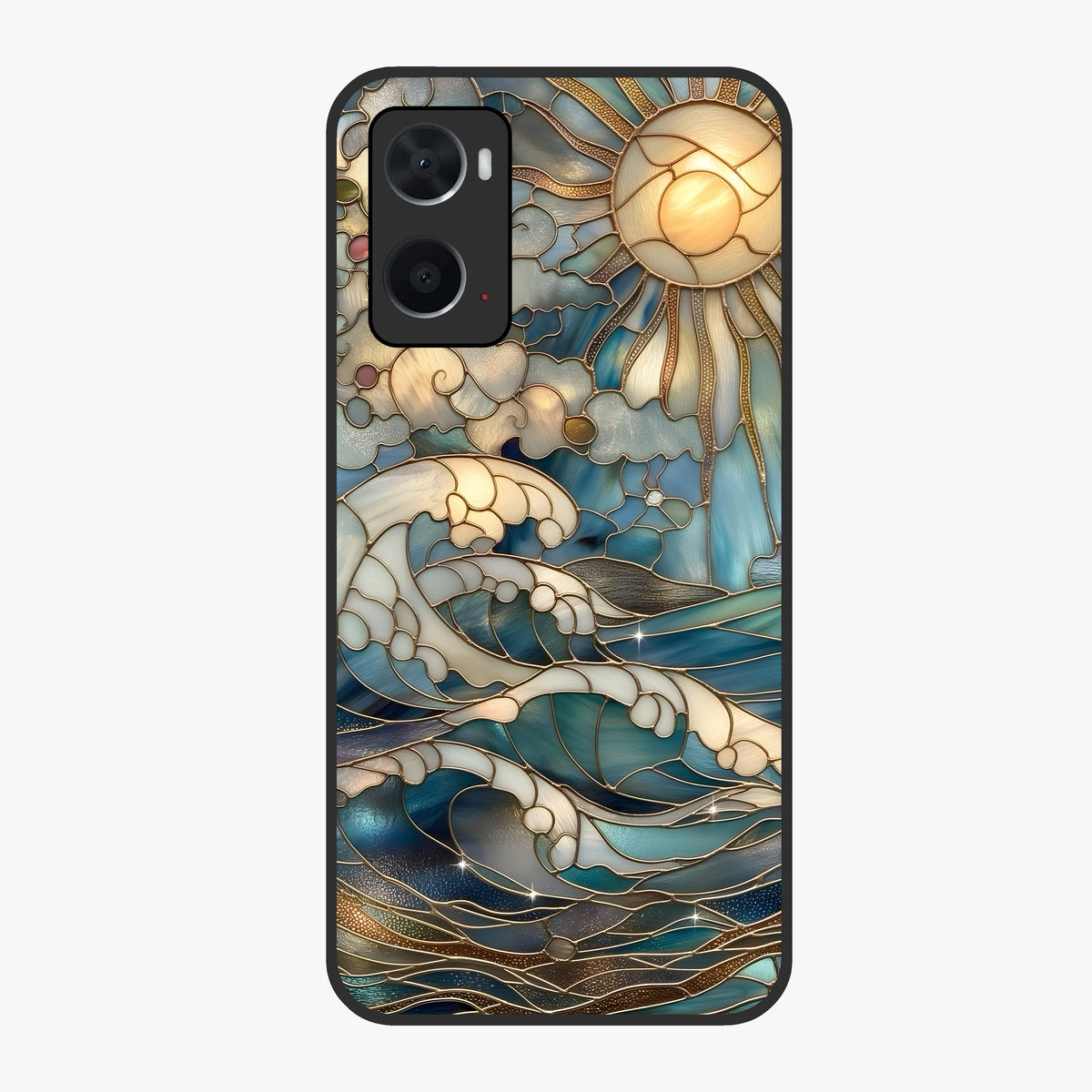 Oceanic Stained Printed Glass Case showing flat back view with ocean inspired stained pattern artwork and glossy glass finish.