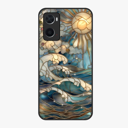Oceanic Stained Printed Glass Case showing flat back view with ocean inspired stained pattern artwork and glossy glass finish.