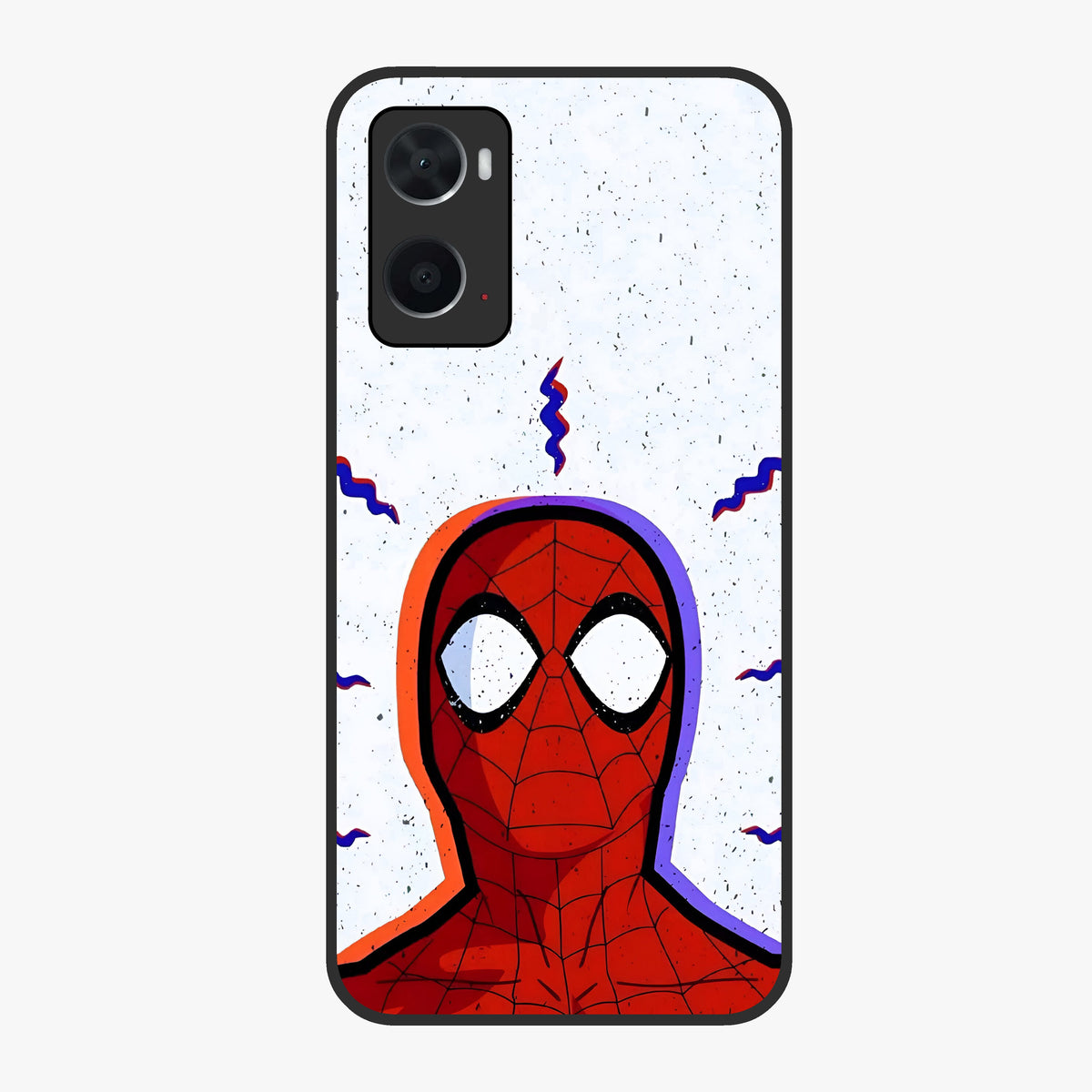 Omg Spiderman Glass Case showing flat back view with bold superhero inspired artwork and glossy glass finish.
