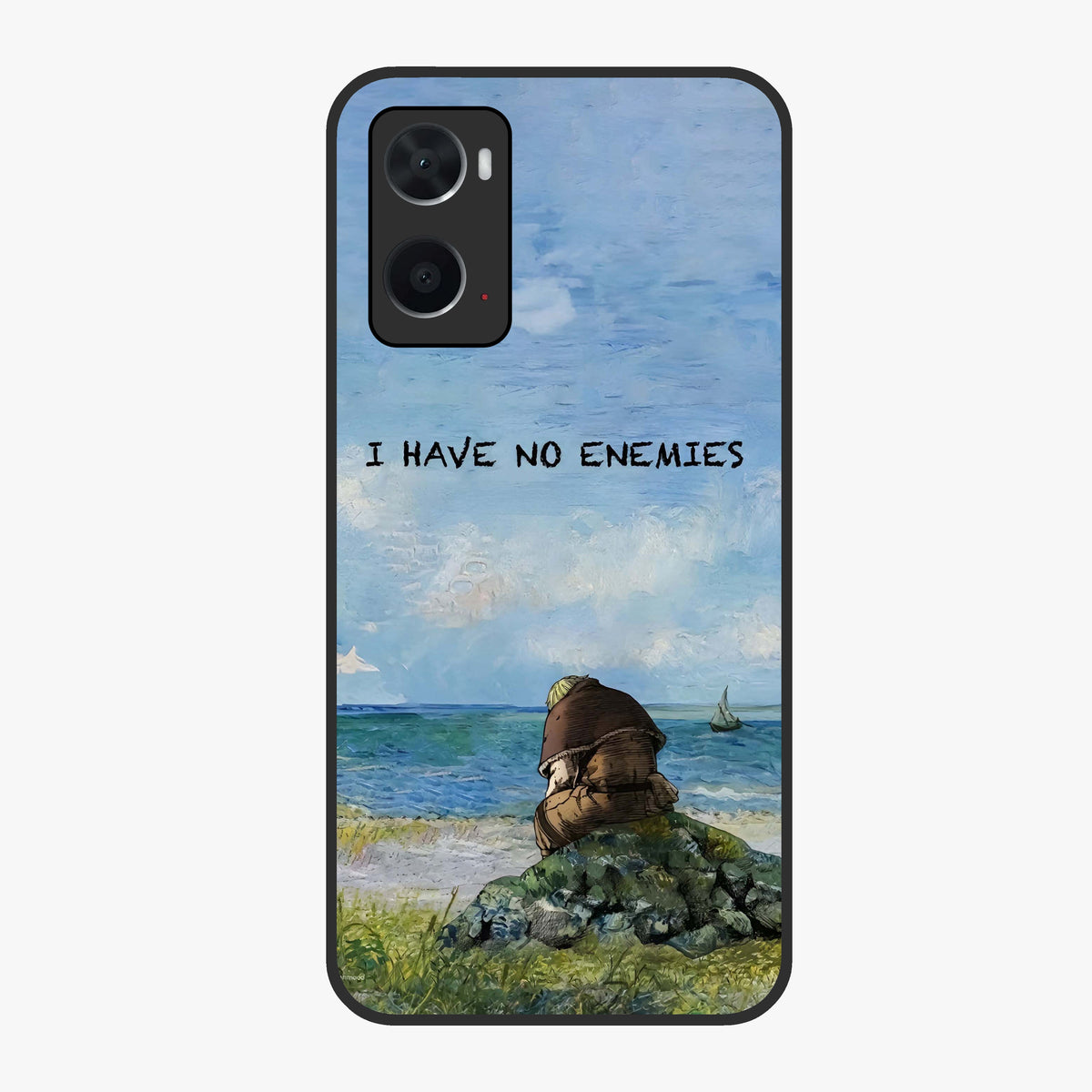 Peace Beyond War Glass Case showing flat back view with symbolic peace themed artwork and glossy glass finish.