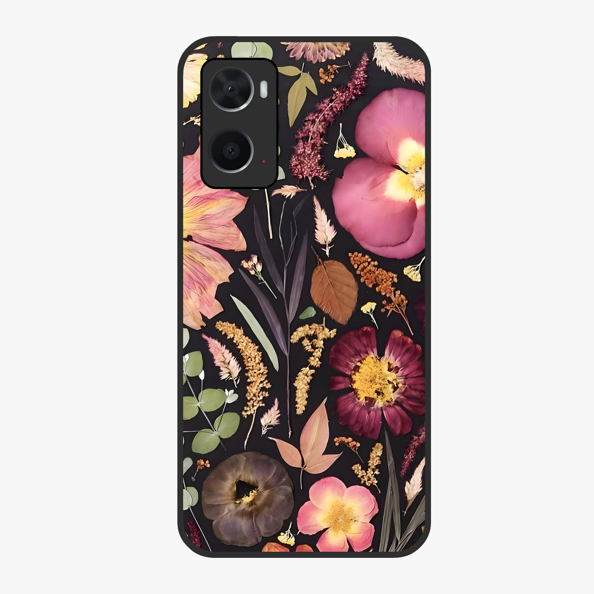 Petal Dream Tapestry Glass Case showing flat back view with intricate floral tapestry artwork and glossy glass finish.