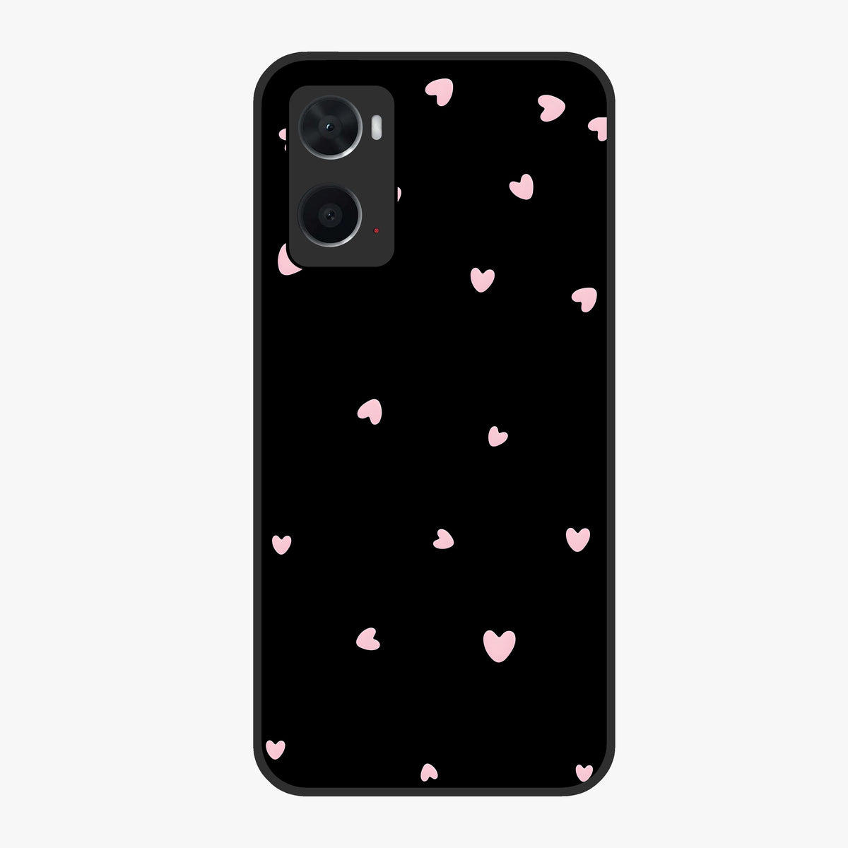 Pink Love Drops Glass Case showing flat back view with playful pink heart drops artwork and glossy glass finish.