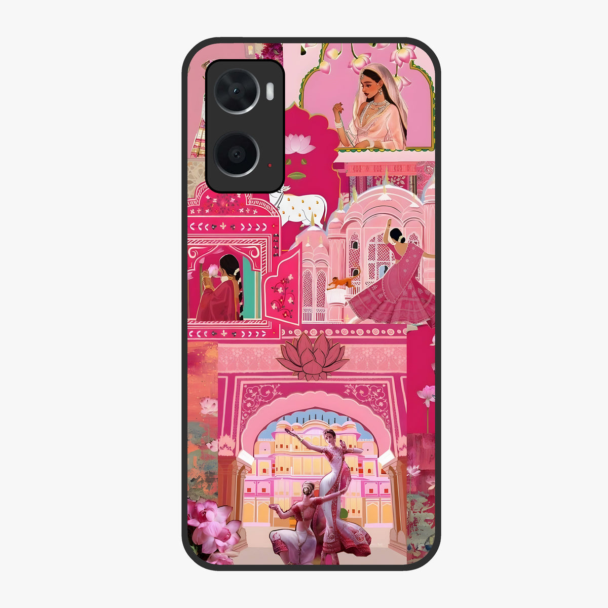 Pink Palace Muse Glass Case showing flat back view with elegant palace inspired artwork and glossy glass finish.