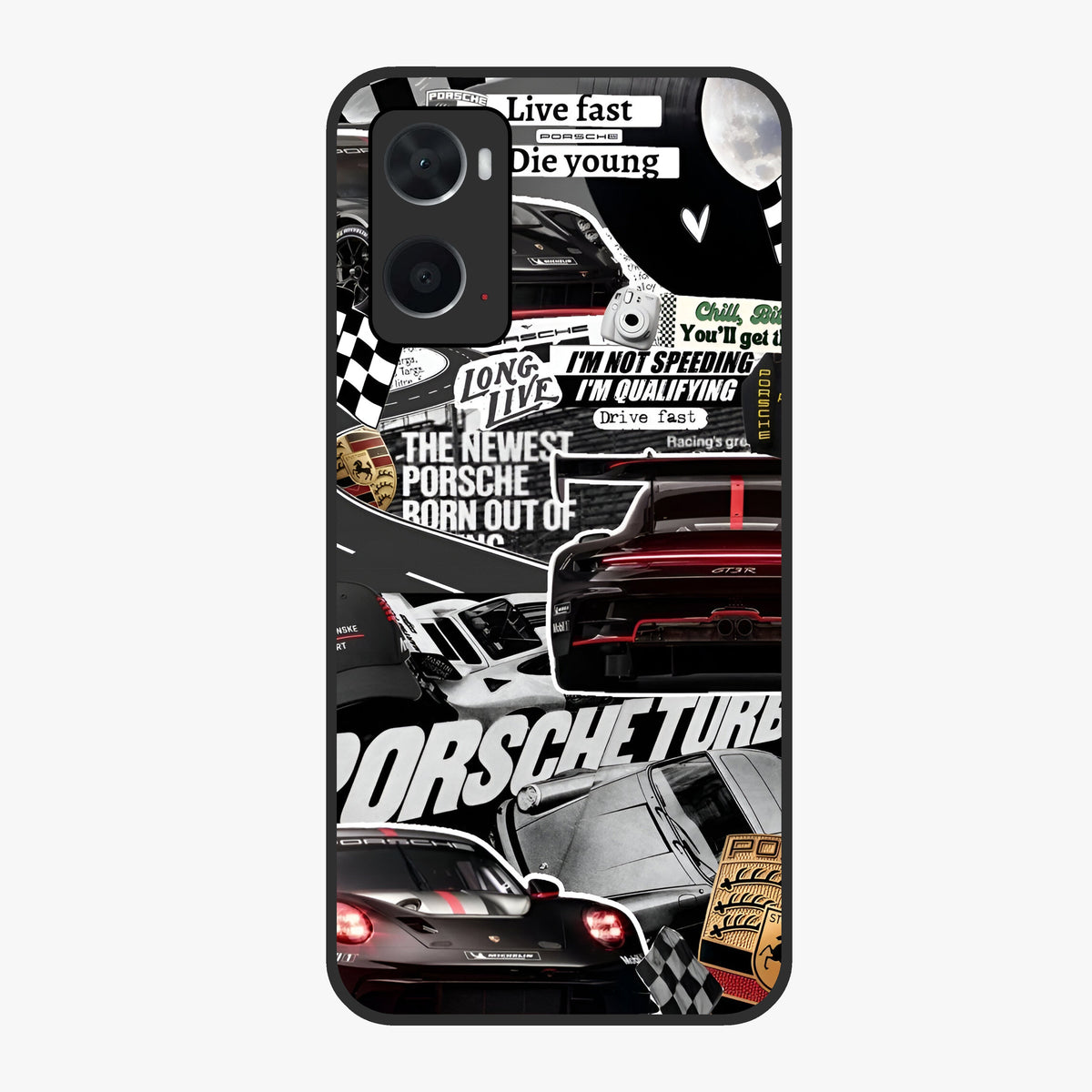 Porsche Racing Collage Glass Case showing flat back view with sports car racing collage artwork and glossy glass finish.