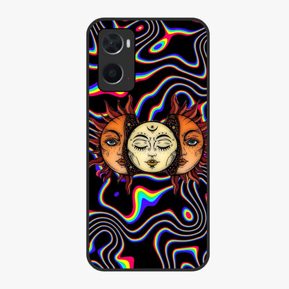 Psychedelic Sun Glass Case showing flat back view with colorful psychedelic sun artwork and glossy glass finish.