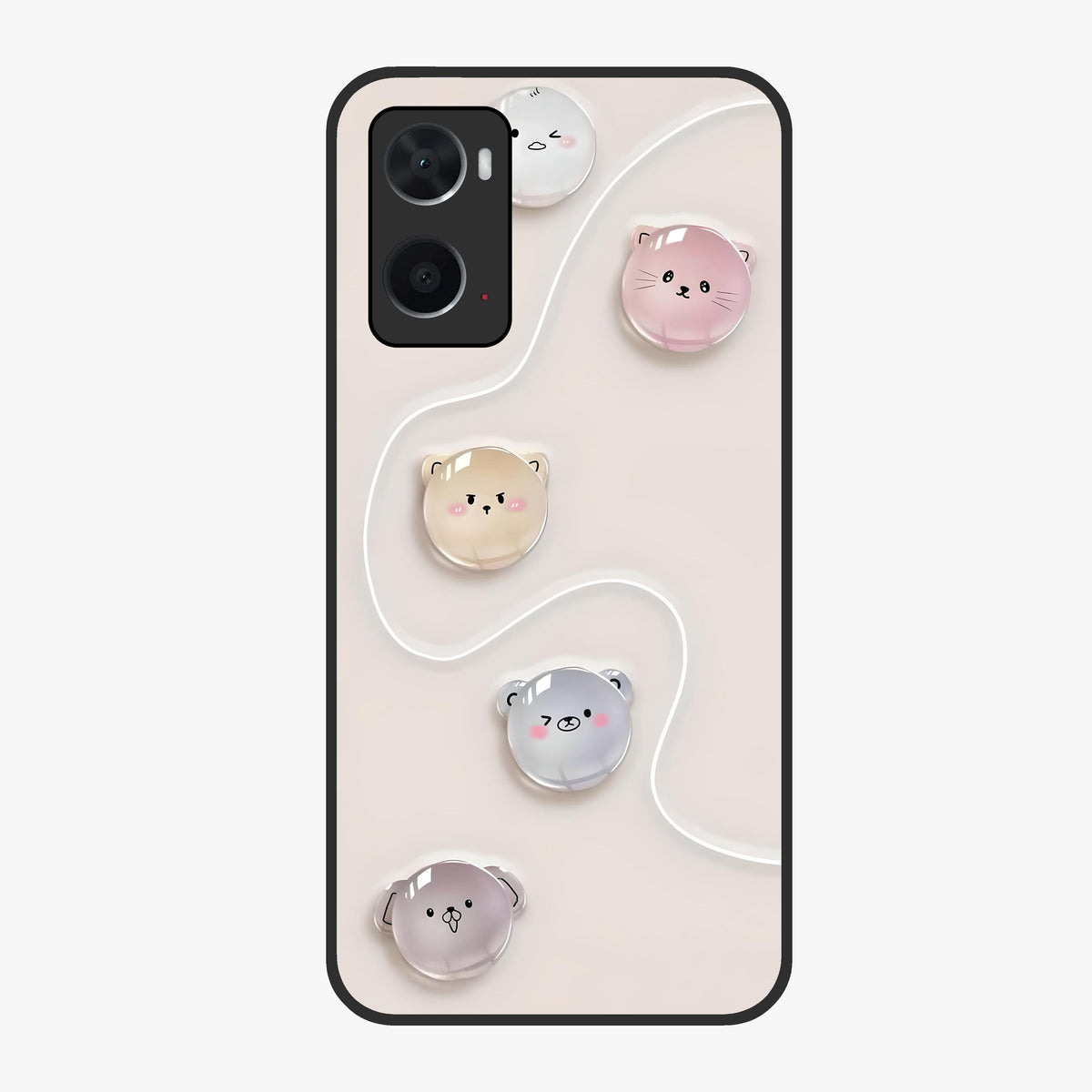 Puffy Face Parade Glass Case showing flat back view with cute puffy character faces artwork and glossy glass finish.