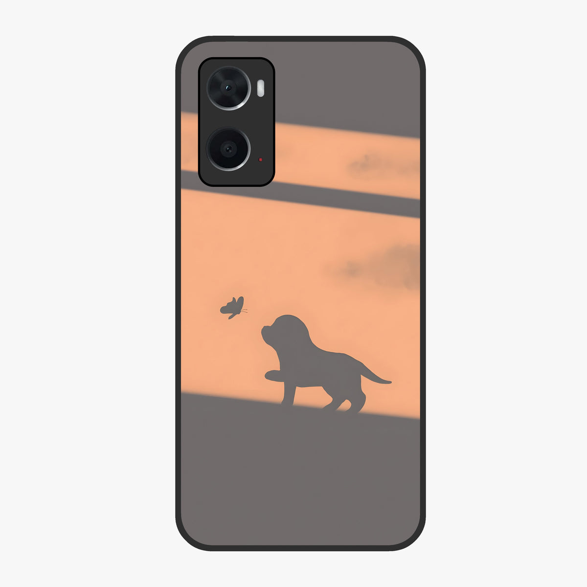 Puppy Shadow Art Glass Case showing flat back view with cute puppy shadow style artwork and glossy glass finish.