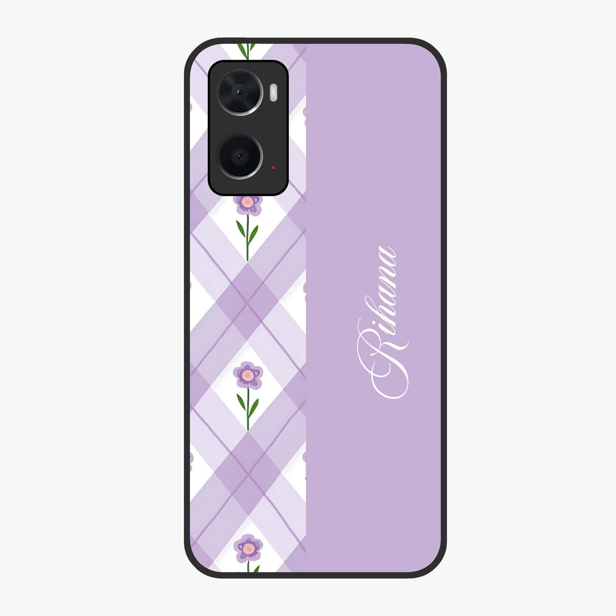 Purple Diamond Floral Glass Case showing flat back view with diamond shaped floral artwork and glossy glass finish.