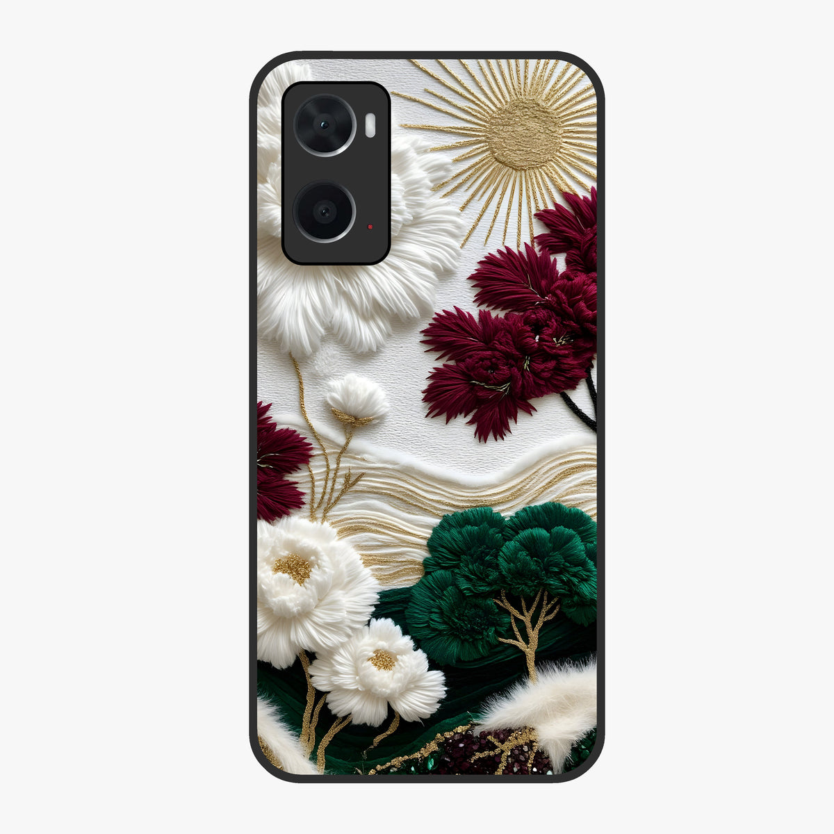 Radiant Bloom Elegance Glass Case showing flat back view with elegant blooming flower artwork and glossy glass finish.