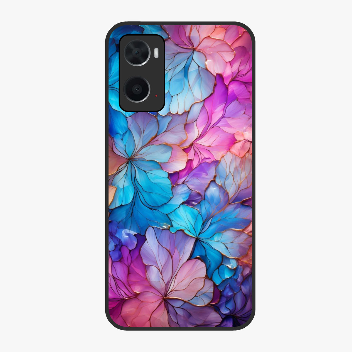 Radiant Floral Whirl Glass Case showing flat back view with swirling floral artwork and glossy glass finish.