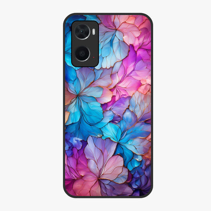 Radiant Floral Whirl Glass Case showing flat back view with swirling floral artwork and glossy glass finish.